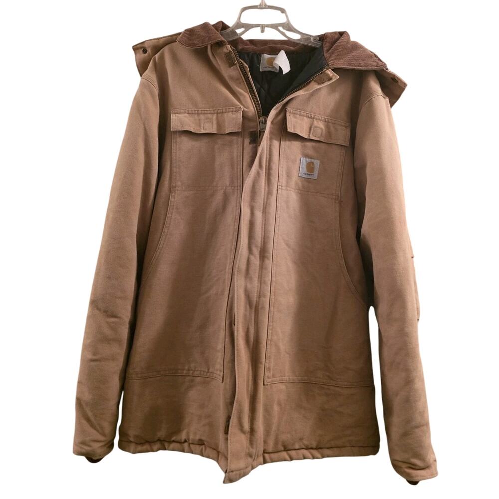 Vtg CARHARTT Canvas Jacket Mens Brown Corduroy Collar Quilted Lined USA Chore L